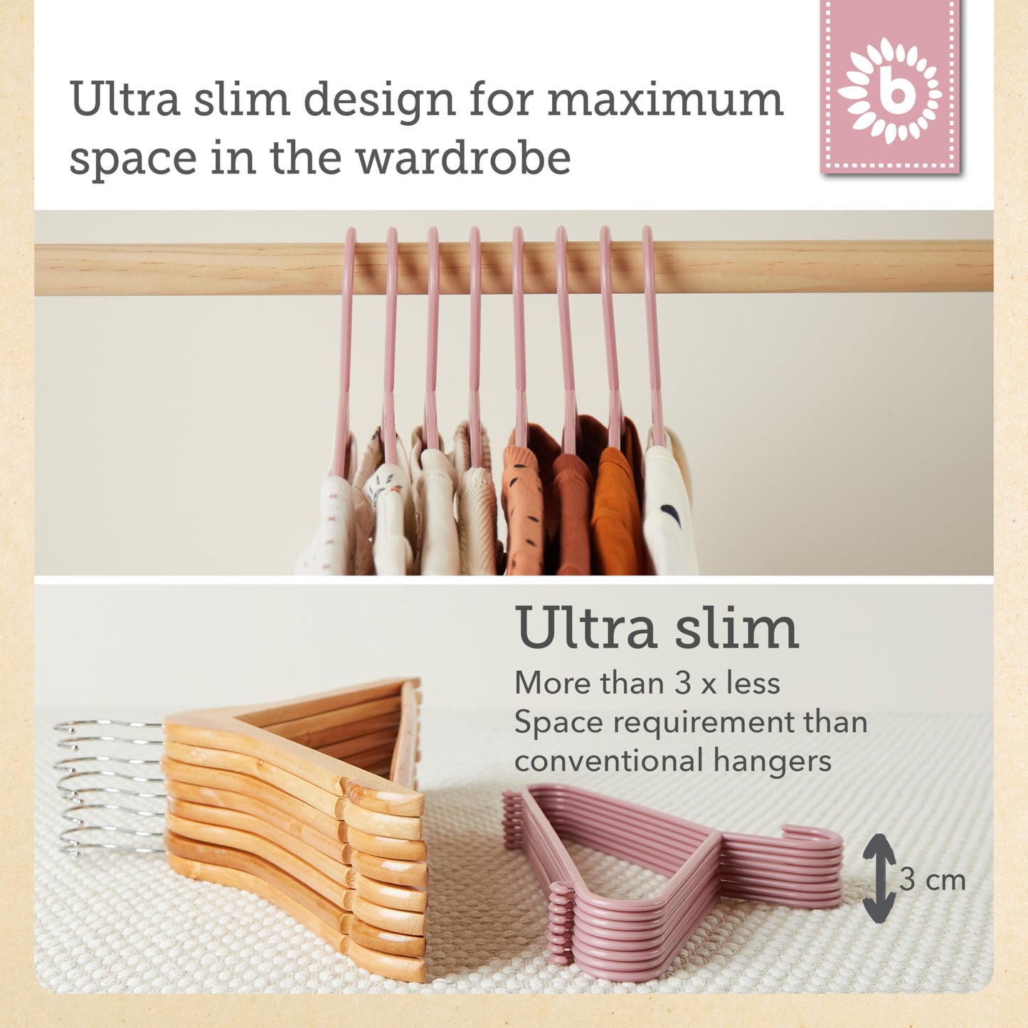 Bieco Kids Clothes Hangers 16 Pack Dusty Rose | Length approx. 30 cm | Baby Hangers | Plastic Children's | Baby Wardrobe Organiser | Clothes