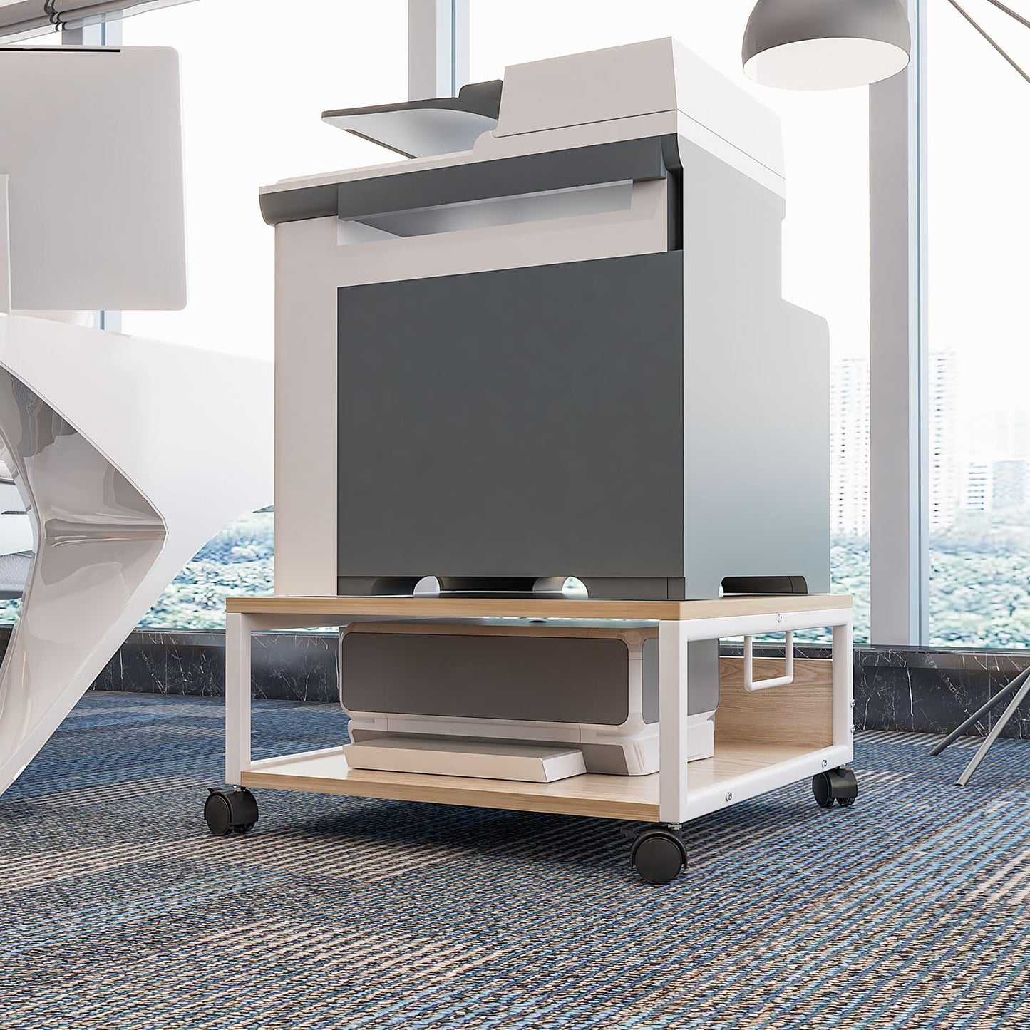 IBUYKE 2 Tier Desktop Printer Stand Cart,Printer Table with Wheels,Desk Heavy Duty Rolling Table with Storage Folders,for Books, Fax Machine