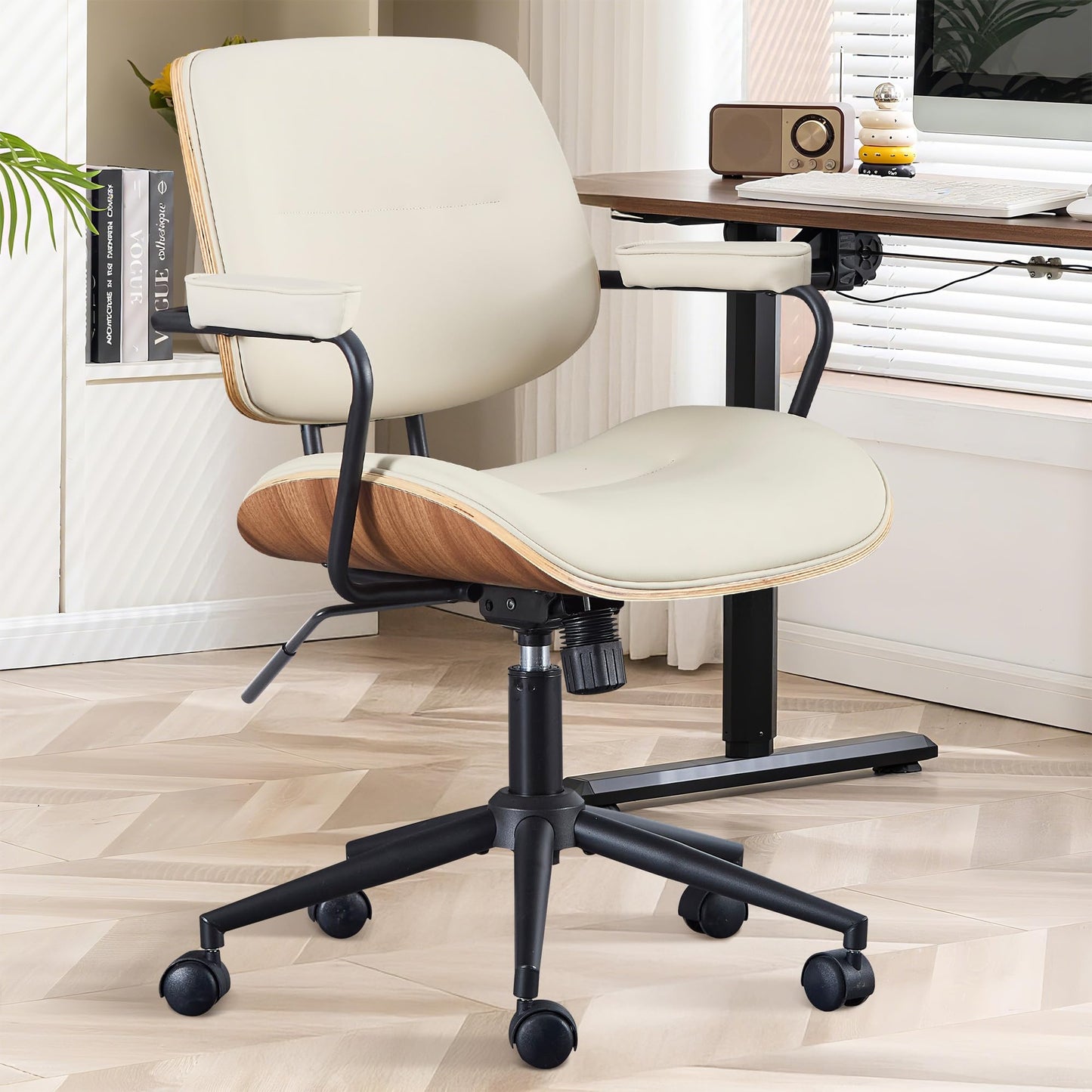 BERYTH Office Computer Desk Chair Mid Century Modern Office Chair Swivel Rolling Task Chair with Armrests and Walnut Back, Adjustable