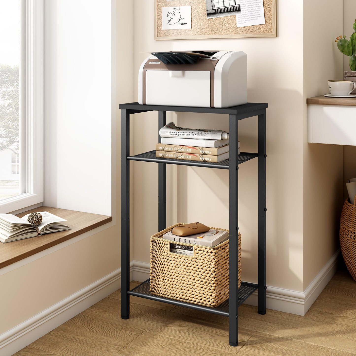 Hoctieon 2-Set 3 Tier End Table, Telephone Table Set of 2, Tall Side Table with Storage Set of 2, Small Nightstand for Small Spaces, Metal Frame