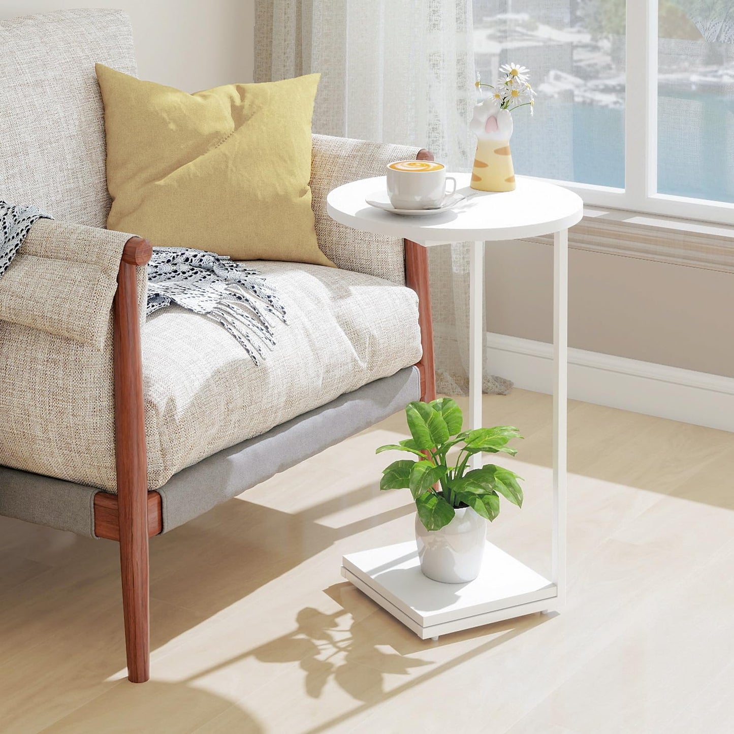 HDANI C-Shaped Side Table,Round End Table under Sofa,Bedside Table,Sofa Side Table with Metal Frame,Small Coffee Snack Table for Living Room, Bedroom