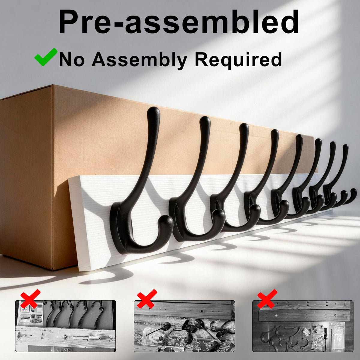 HONSKY Wall Coat Rack with 8 Double Hooks,Wooden Coat and Towel Hanger Storage for Entryway, Bathroom, Bedroom, Garage,White Base/Black Hook,2 Pack
