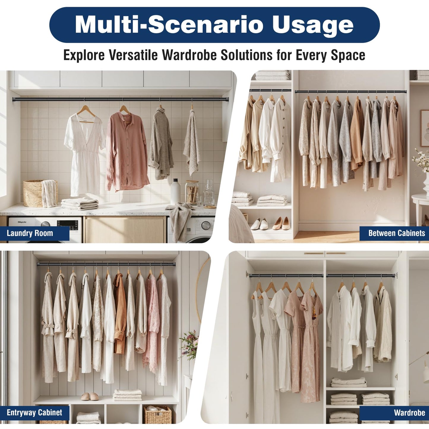 Zipglo Wardrobe Rod 40-130cm, Heavy Duty Wardrobe Rails and Fittings, Extendable Clothes Rail Pole Adjustable Hanging Rails for Wardrobe & Storage