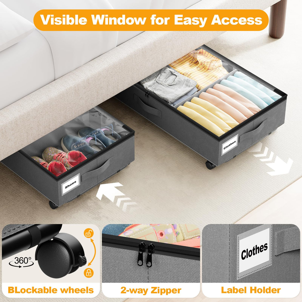 2 Pack Under Bed Storage on Wheels,Rolling Storage Drawers with Clear Lid