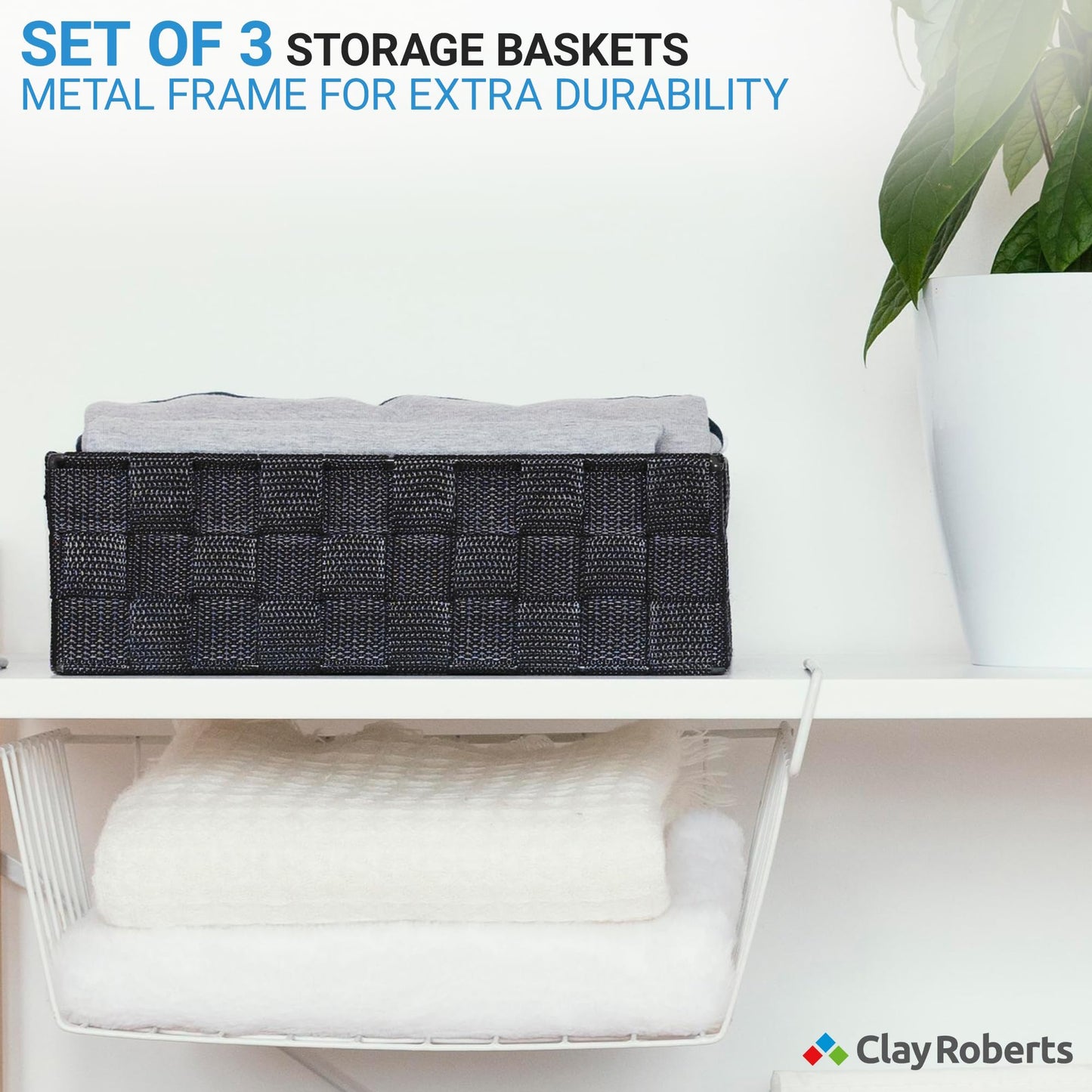 Storage Baskets, 3 Pack, Grey, Storage Baskets Sets, Woven Boxes for Home, Kitchens, Offices, Cupboards, Bathrooms, Shelves, Boxes