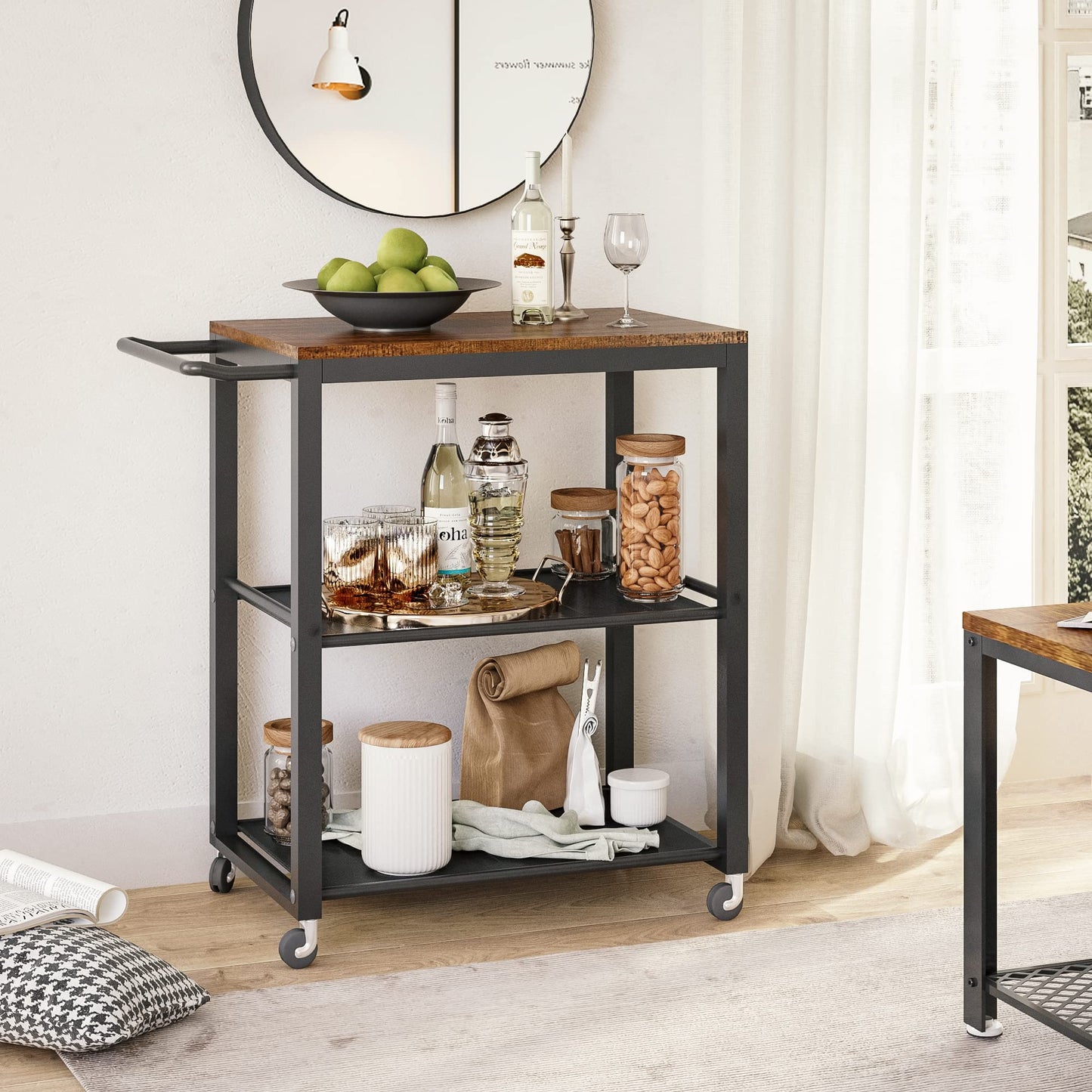 Meerveil Kitchen Trolley on Wheels, 3 Tier Serving Rolling Cart with Towel Rack and Storage Shelves
