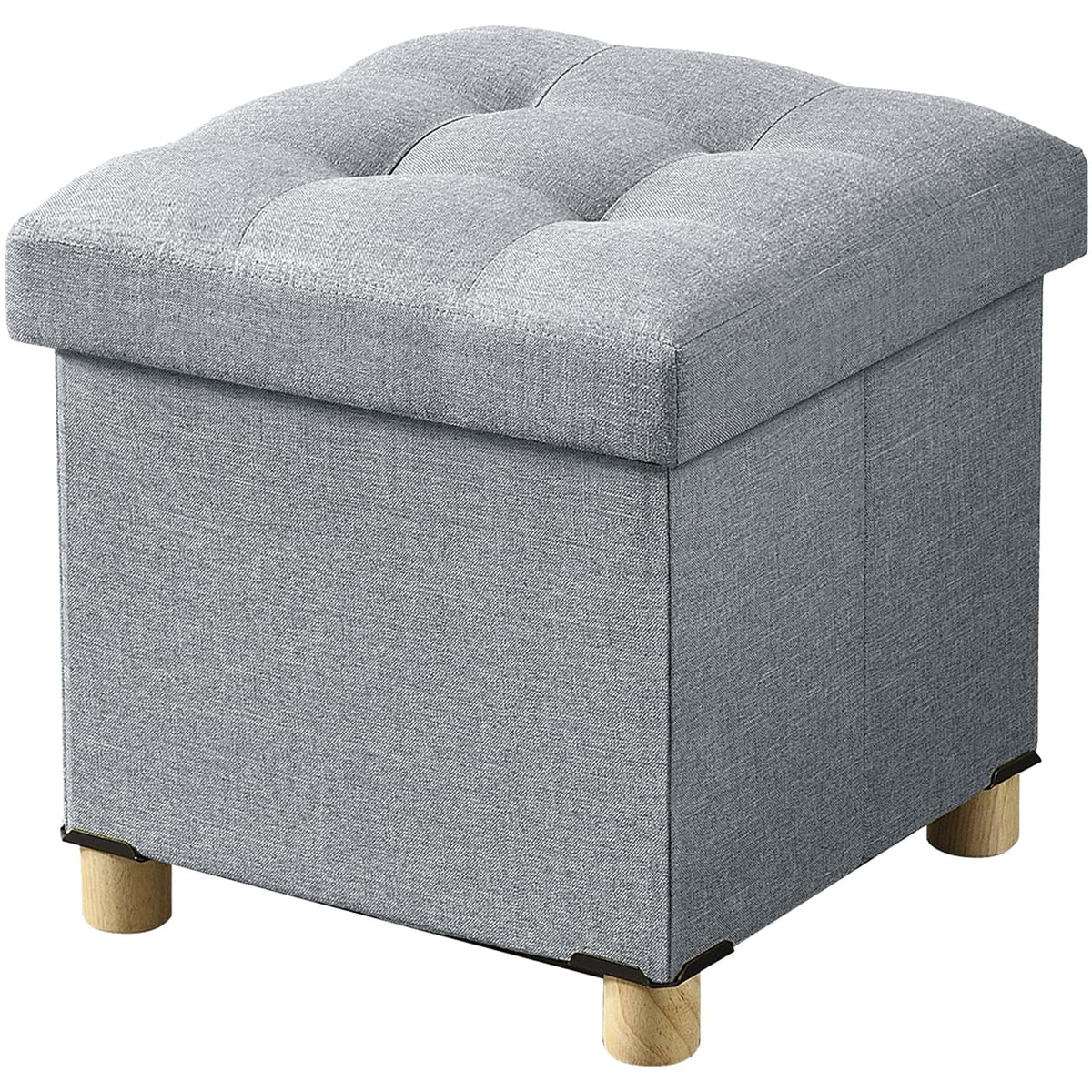 BRIAN & DANY Folding Storage Ottoman with Wood Legs, Linen Foot Stool, Storage Chest with Highly Elastic Sponge Filling, Light Gray, 38 x 38 x 38 cm