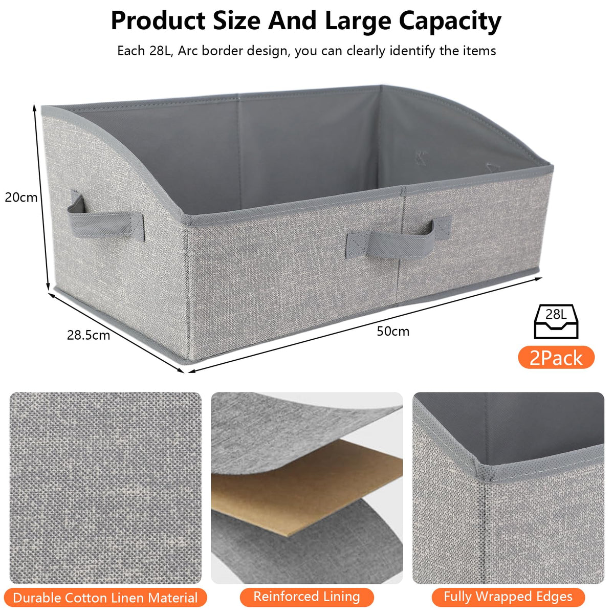 AiQInu Storage Boxes with Handles, 28 L, Foldable Storage Basket, Fabric, 50 x 28.5 x 20 cm, Large Baskets Storage, Organiser Boxes for Clothes, Toys