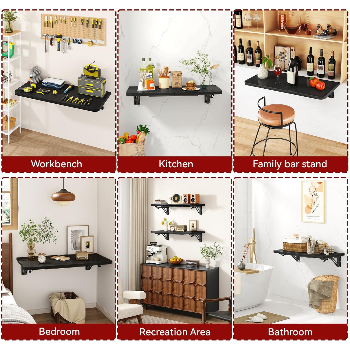 IBUYKE Wall Mounted Folding Table, Floating Wall Desk for Small Spaces, Fold Down Laundry Shelf with Heavy-Duty Brackets