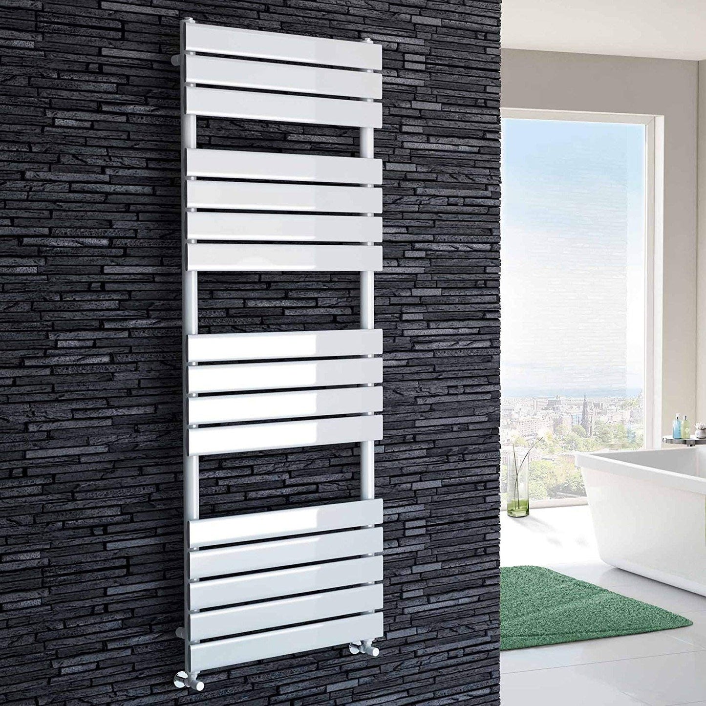 iBathUK Zerith Wall Mounted Flat Panel Heated Towel Rail, 16 Column Slim Flat Steel Hydronic Central Heating High Thermal Output Designer Bathroom