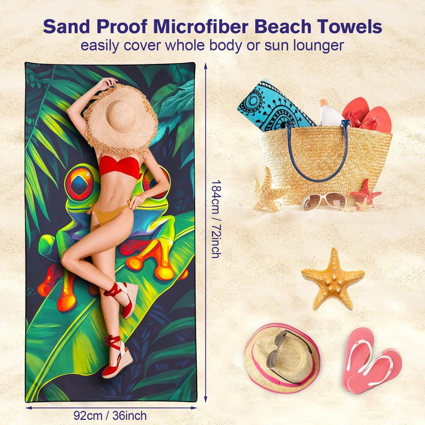 Violetpos Red-Eyed Tree Frog Beach Towel, Extra Large 180x90 cm 250GSM Microfibre, Sand Free Quick Dry