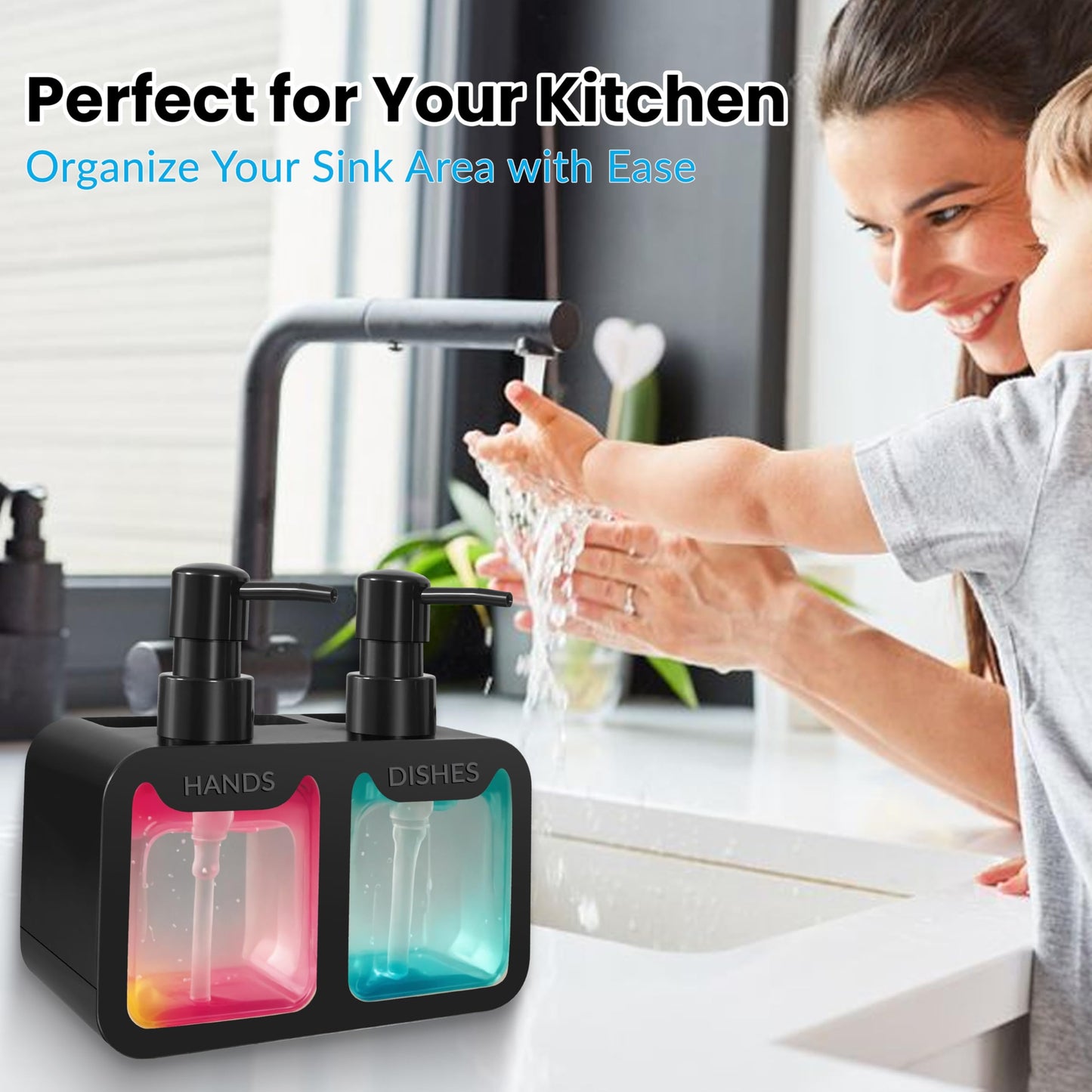 4-in-1 Kitchen Soap Dispenser Set - Dual Hand & Dish Soap Dispenser with Sponge Caddy & Brush Holder - Kitchen Sink Organizer for Countertop (Black)