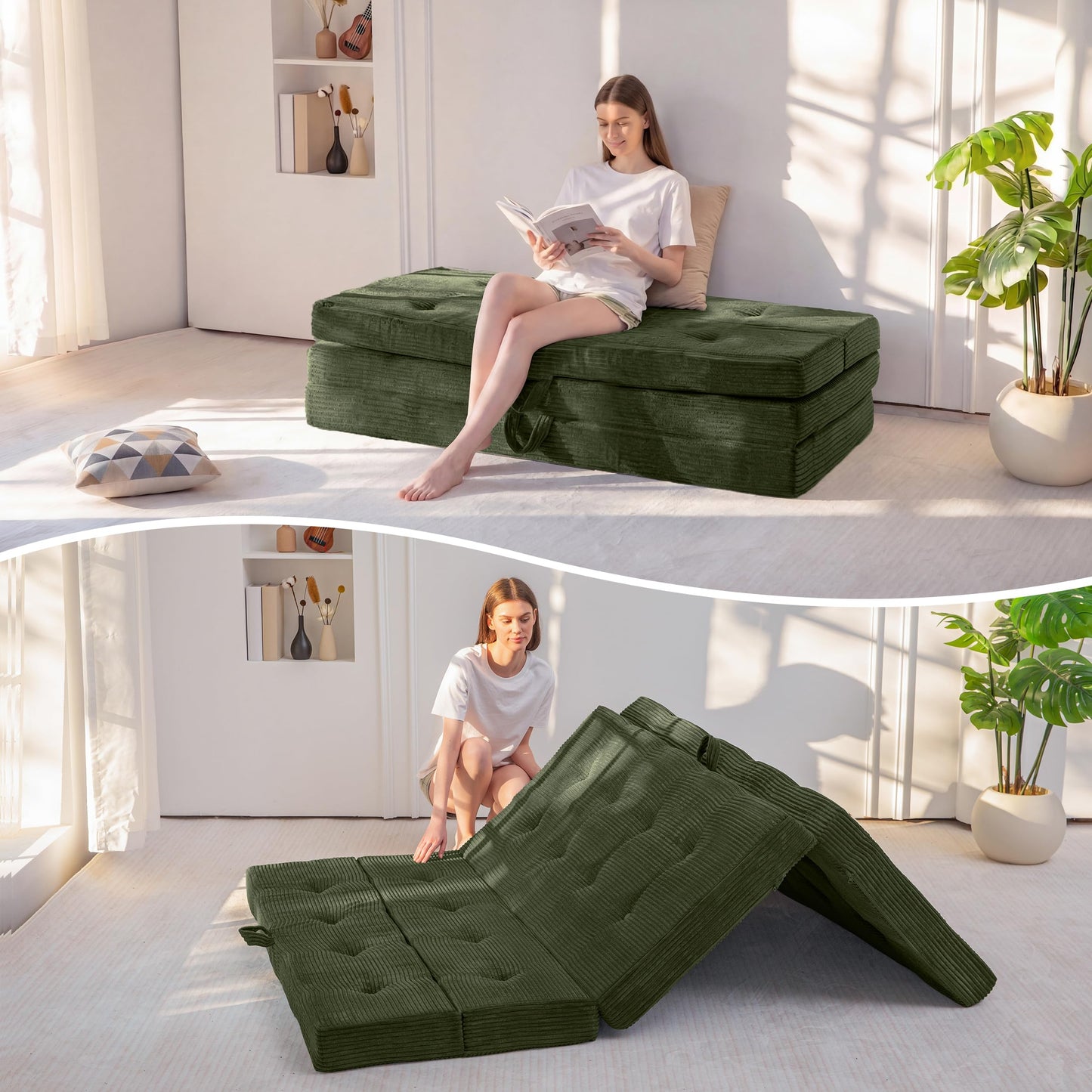 MAXYOYO Folding Mattress Double, Comfy Foldable Sofa Couch Bed, Guest Mattress with Handles Floor Futon Sofa Bed for Guest