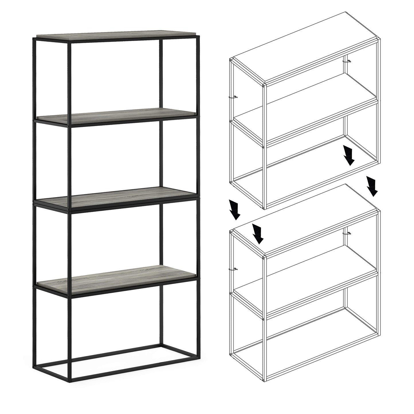 Furinno MORETTI 2-Tier Stackable Grey Book Shelf, Metal Frame Storage Shelves, Rectangular Display Shelf, Easy Assembly, for Organization and Storage