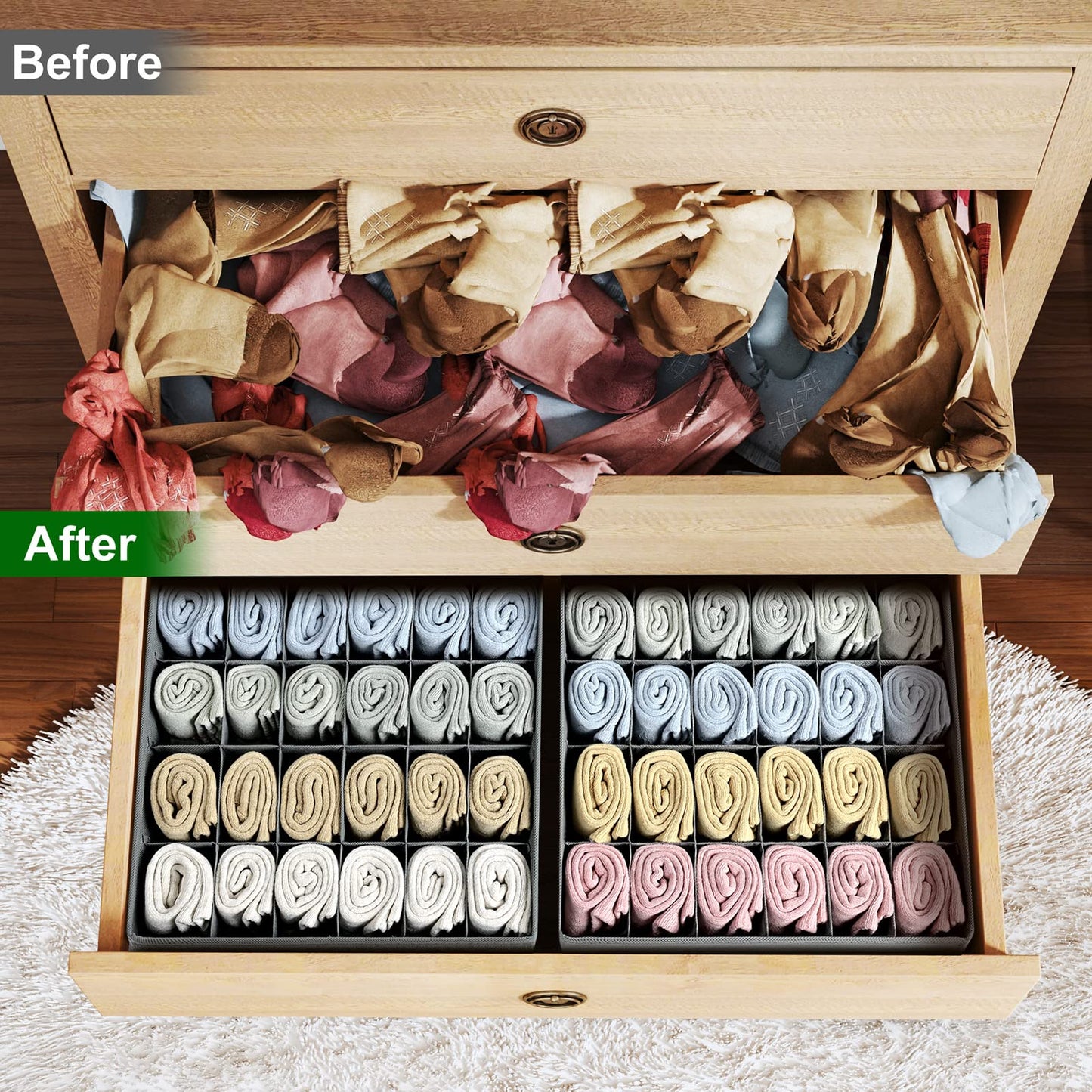 Homsorout Sock Organisers Drawer Organiser Dividers - 4 Pack 24 Cell Underwear Closet Cabinet Organizer Foldable Wardrobe Storage Boxes for Baby