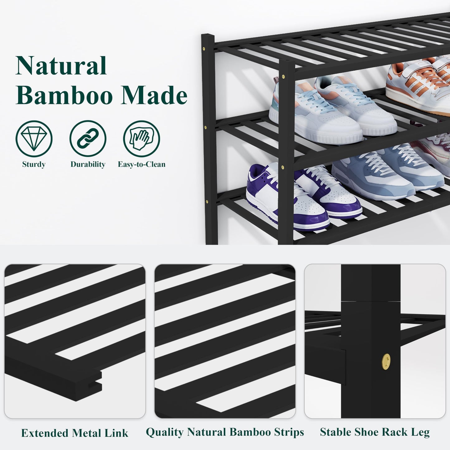 smiry Shoe Rack, 2 Tier Bamboo Shoe Organizer, Stackable Free Standing Wooden Shoe Storage Shelf for Entryway, Front Door Entrance, Black