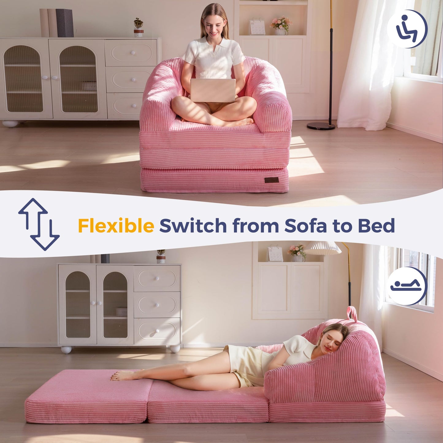 MAXYOYO Folding Sofa Bed with Backrest, Boneless Fold Out Couch Bed with Handle, 2 in 1 Convertible Bean Bag Chair to Floor Sofa Lounger