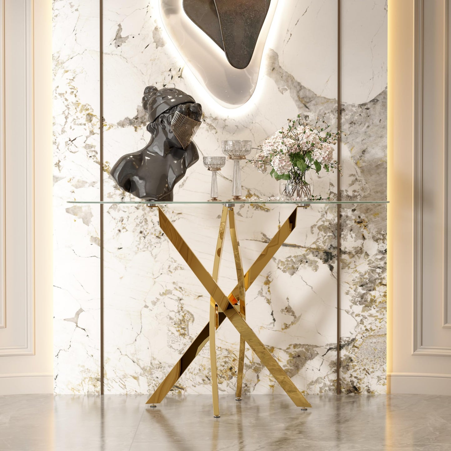 GOLDFAN Glass Console Table Modern Contemporary Style Hallway Table with Gold Tubular Legs Foyer Table for Entryway, Living Room, Office