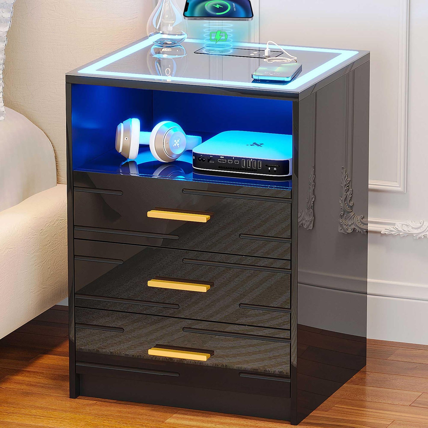 Bedside Table with Wireless Charging Station & 3 Drawers for Living Room