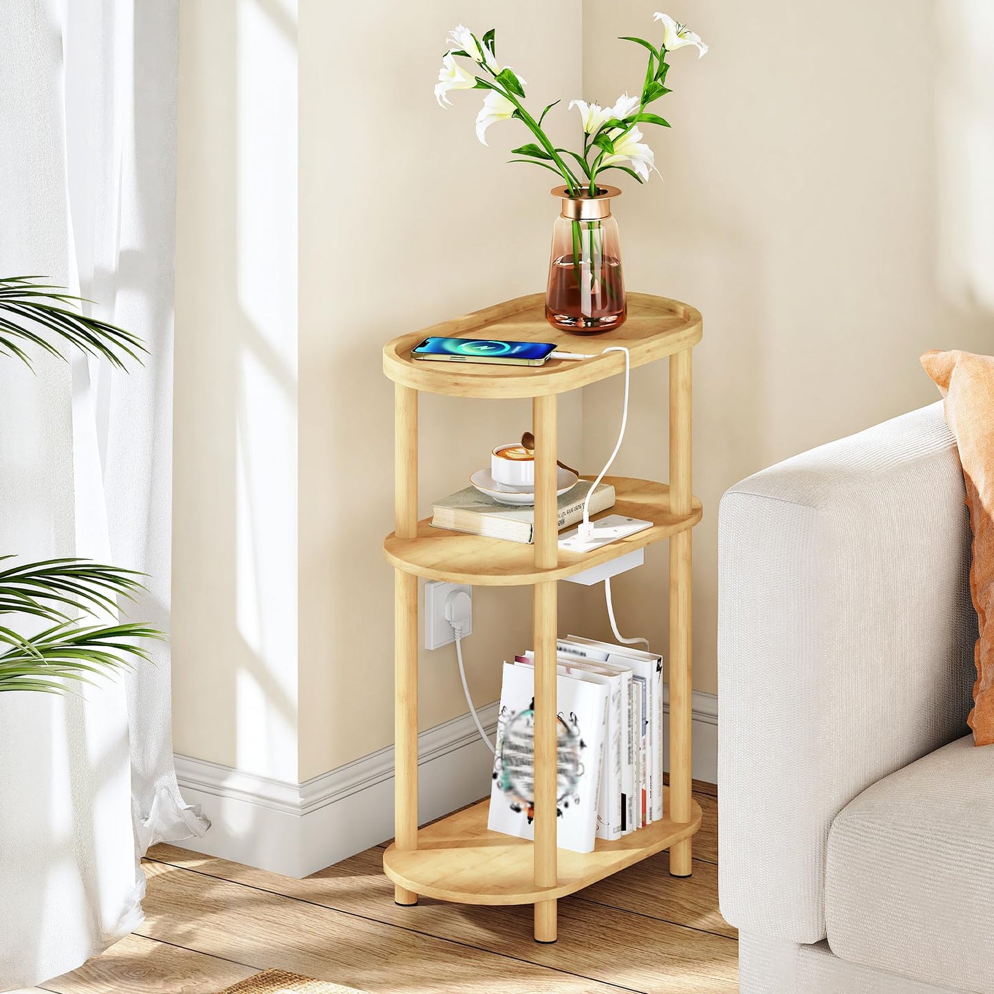 HOOBRO Narrow Side Table with Charging Station, 3 Tier Bamboo Slim End Table, 40 x 20 x 66 cm Narrow Bedside Table, Sofa Side Table, for Living Room