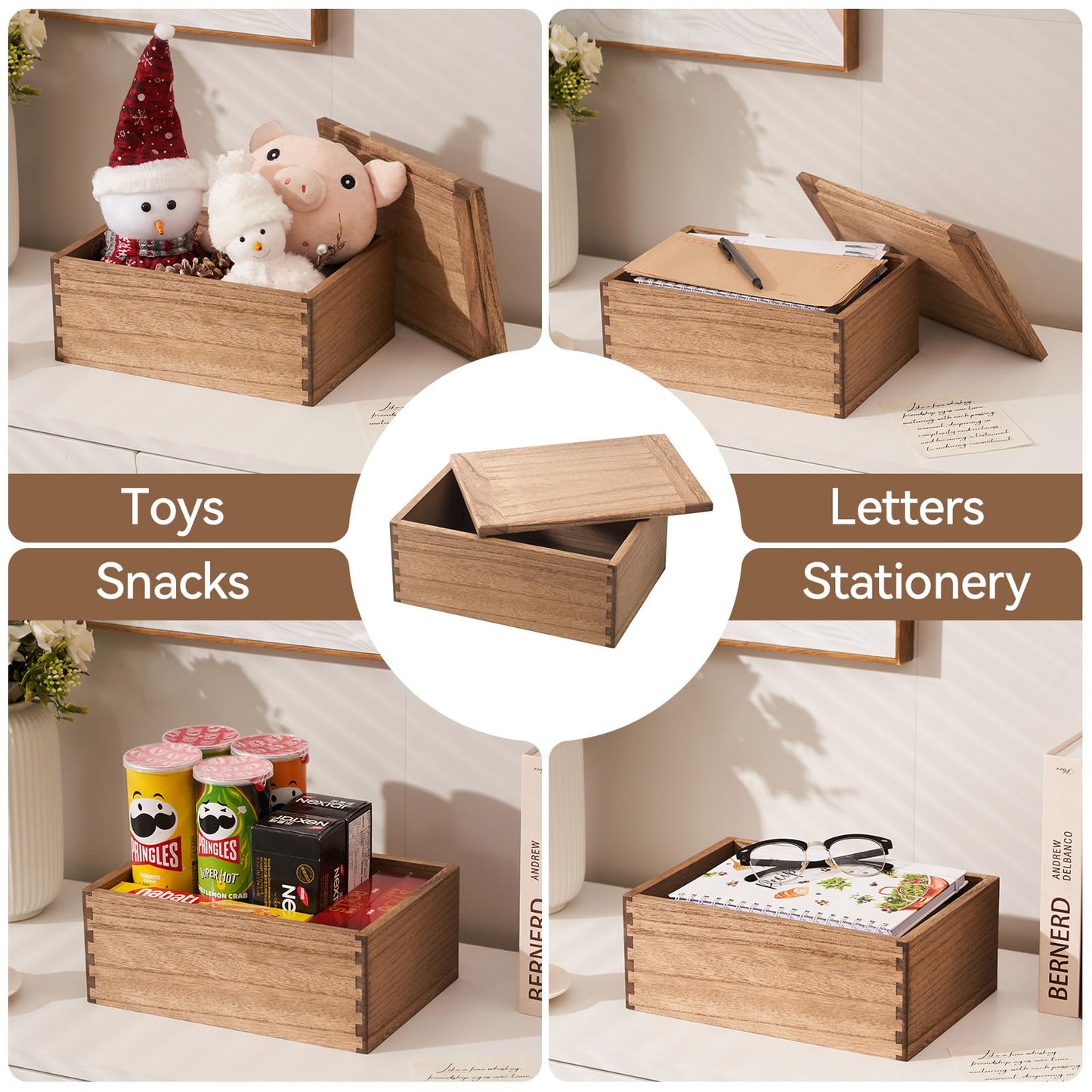 KIRIGEN Wooden Storage Box with Lid, Keepsake Organiser, Brown