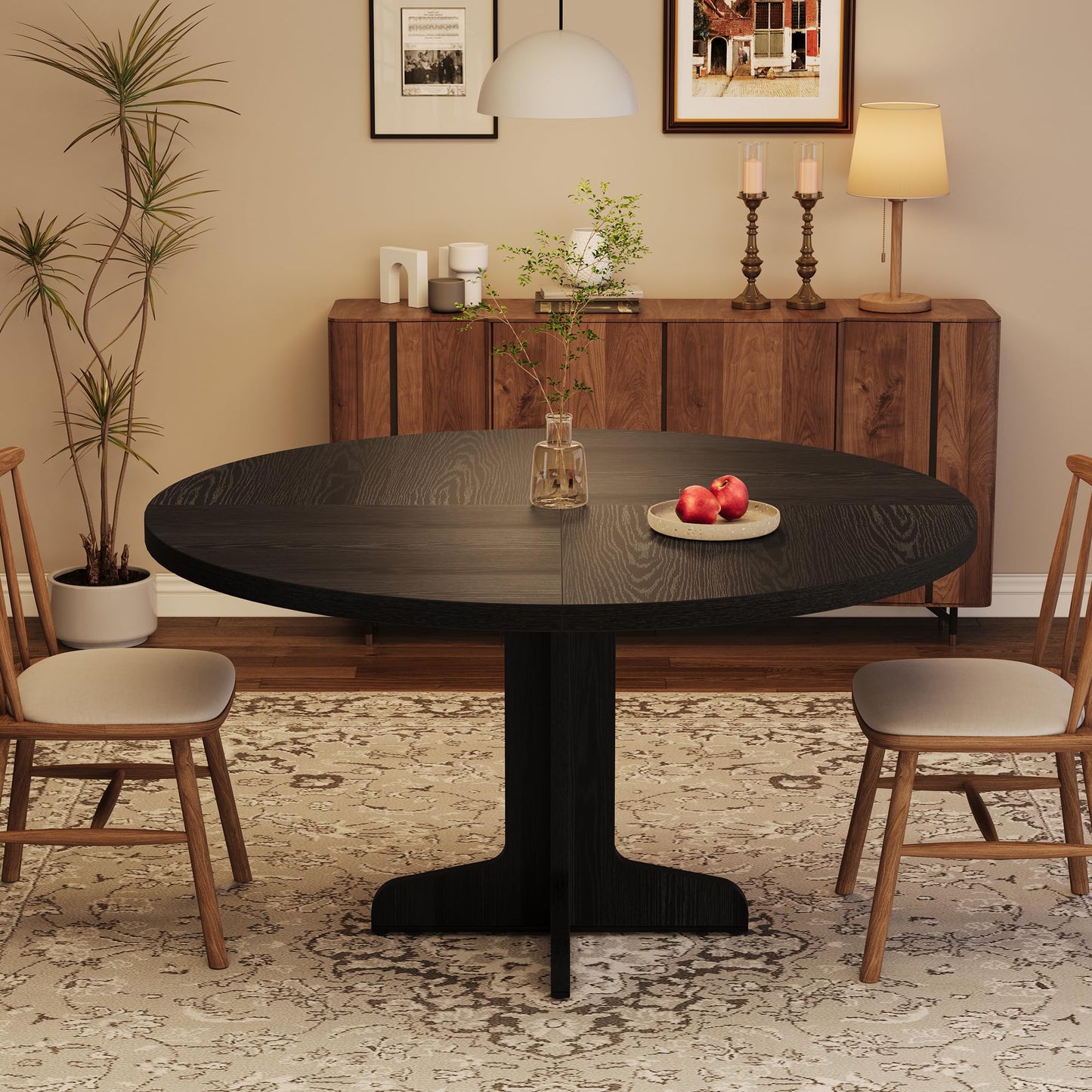 Crevyteg 47.2in Round Dining Table for 4-6 People, Farmhouse Kitchen Table with Wooden Tabletop and Legs