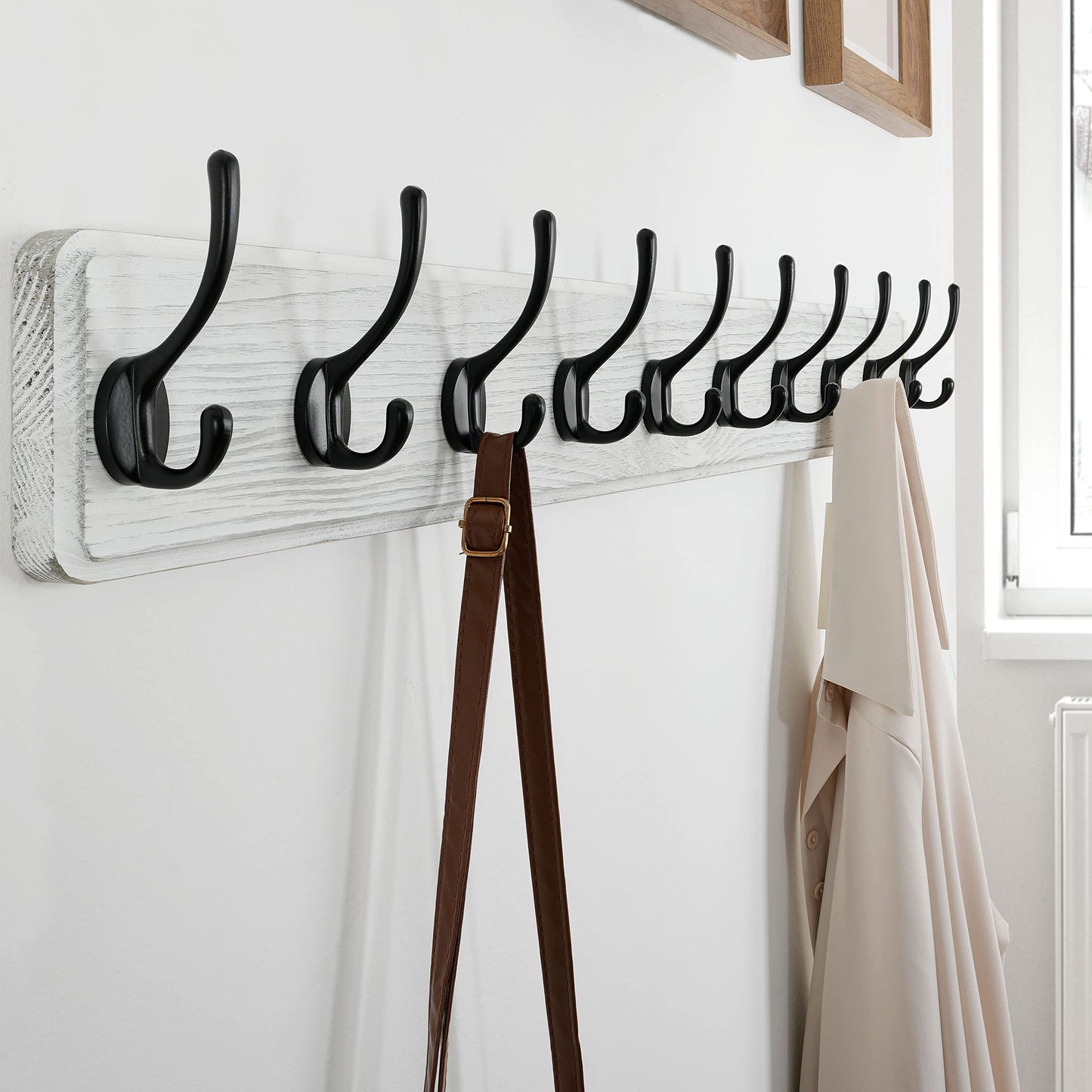 SKOLOO Farmhouse Style Wall Mounted Coat Rack, Pack of 2, Pine Solid Wood Coat Hook Hanger - 10 Hooks for Hanging Clothes Robes Towels Coats