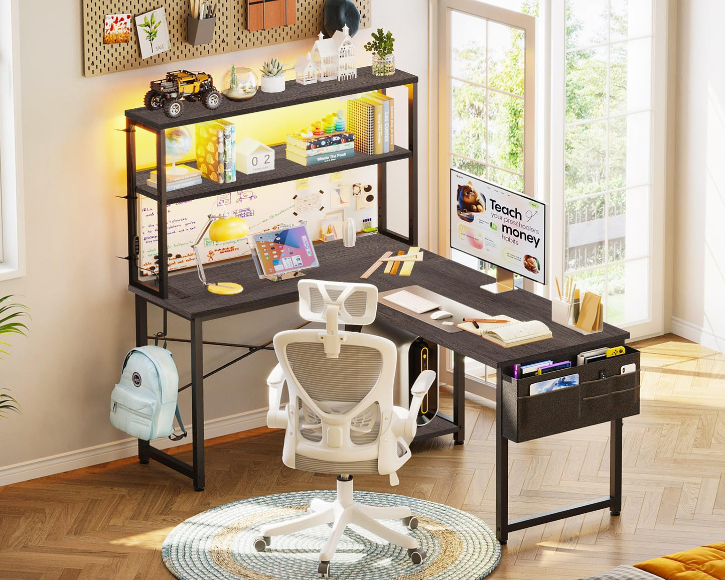 Coleshome L Shaped Gaming Desk with LED Lights & Power Outlet, Grey