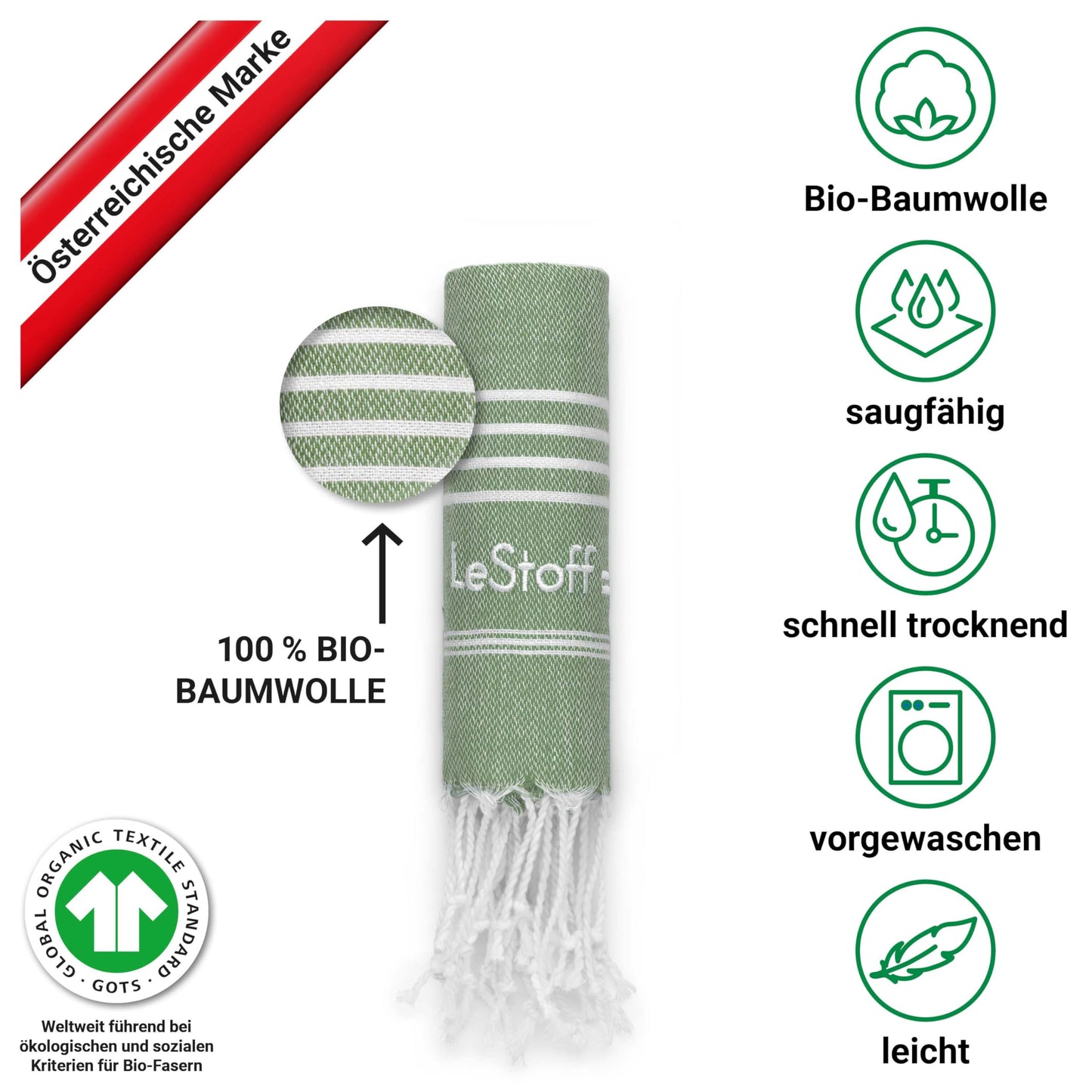 LeStoff 5-Pack Hammam Towels/Guest Towels, Organic Cotton, 50x100 cm, Olive