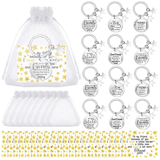 CNSJ 12 Sets Friendship Keychain Best Friend Keyring with Cards Organza Bags Gifts Star Keychains Bulk for Friends Bestie Women Birthdays Graduation