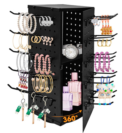 360° Rotating Peg Board Display Stand with 60 Hooks, Jewelry Stand Black