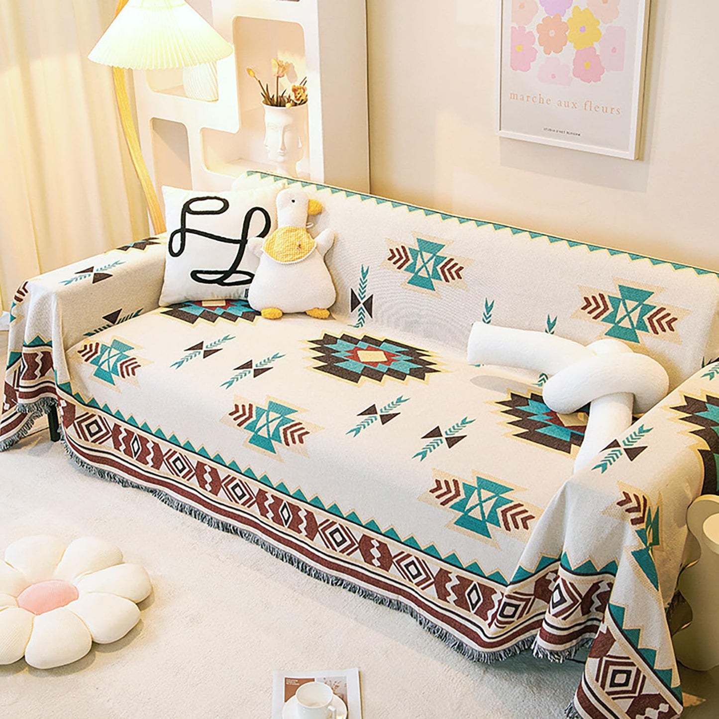 VANJOROY Aztec Sofa Large Throw Blanket with Tassels,100% Handwoven Cotton Tribal Bohemian Navajo Armchair Throw for 2 3 Seater Settees Couch and Bed.