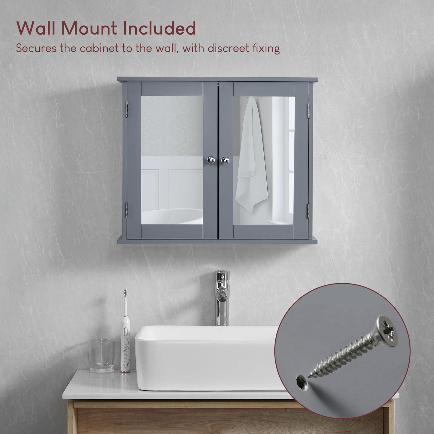 Bath Vida Priano 2 Door Bathroom Wall Cabinet | Grey | Space-Saving Storage | 60H x 60W x 15D cm | Adjustable Shelf | Modern Wooden Cupboard Unit