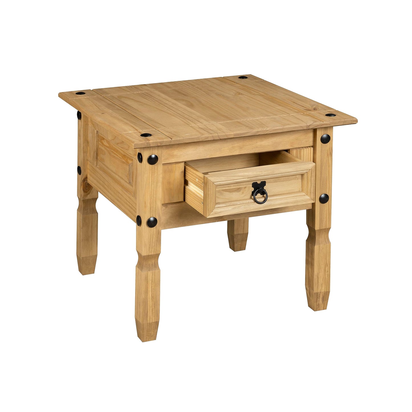 Corona 1 Drawer Lamp Table Mexican Solid Pine with Black Metal Hardware Waxed Finish W 58cm x D 58cm x H 52cm
