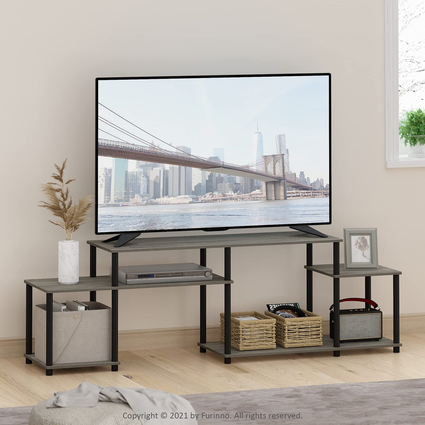 Furinno TURN-N-TUBE TV Stand, Handle Entertainment Center, TV Console for TV up to 55 Inch, for Living Room, Bedroom, French Oak