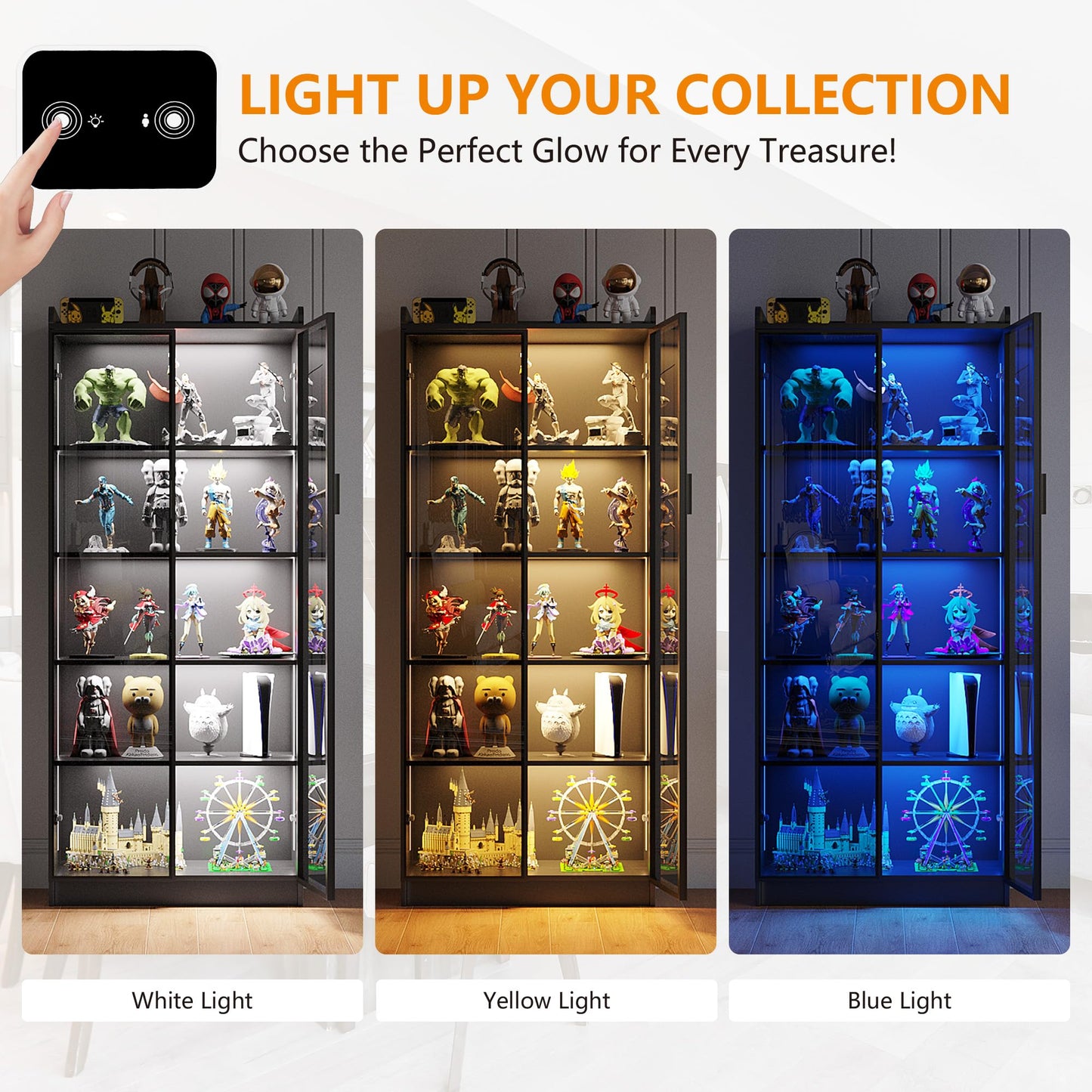 FREDEES LED Display Cabinet with 2 Doors and Adjustable Shelf, 165CM, Black
