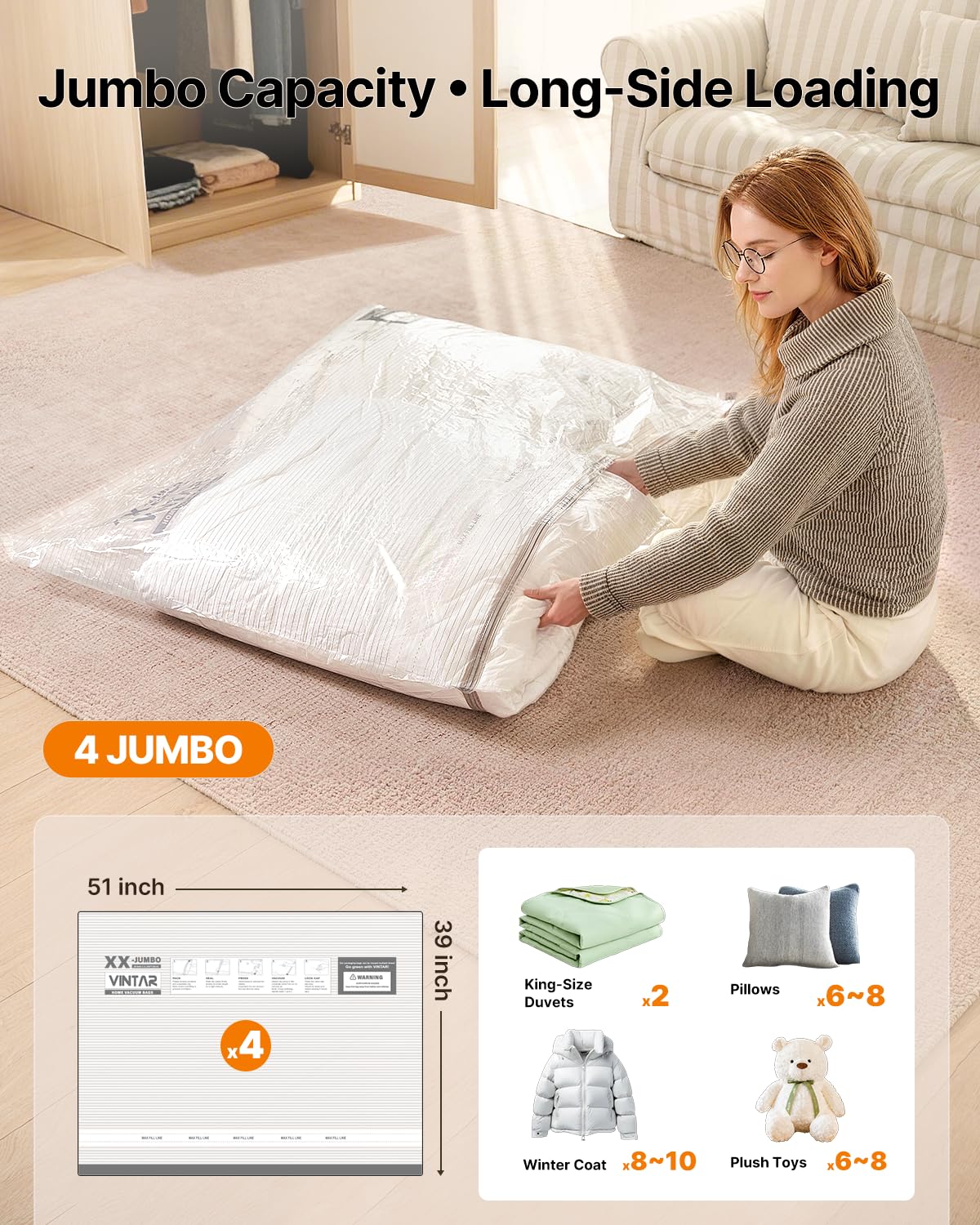 VINTAR Extra Large Vacuum Storage Bags, 4 Pack 100x130cm