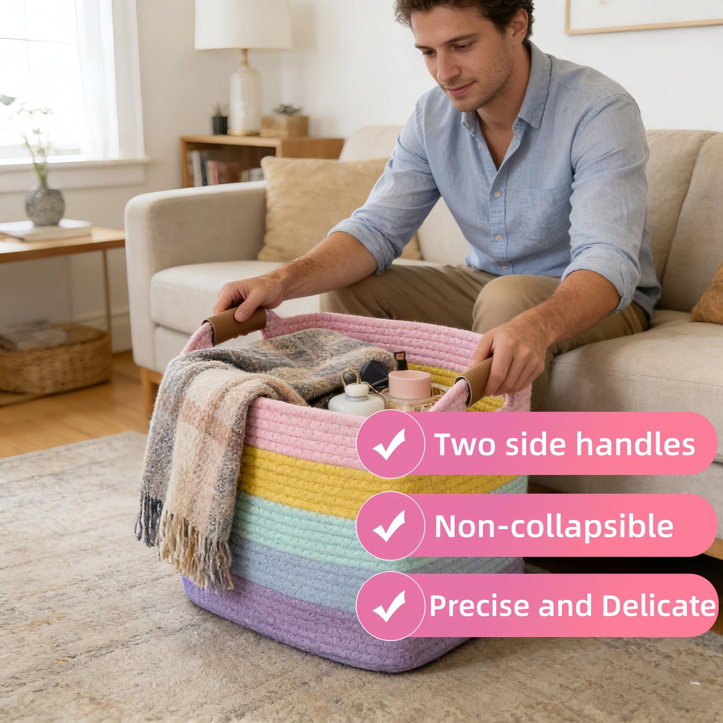 Uwenkjie 2-Pack Large Storage Baskets, Cotton Rope Woven Basket with Detachable Leather Handles, Foldable Home Organiser Bin for Toys, Clothes
