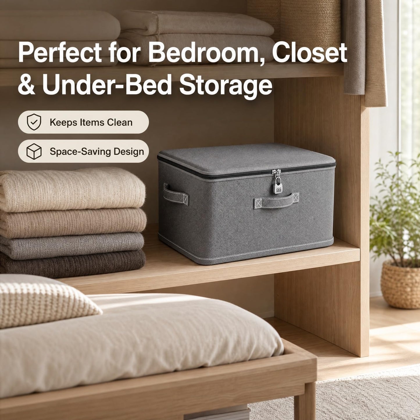 BOBPPOP Fabric Storage Boxes With Lids, Grey Under Bed Storage Box With Lock, Clothes & Toys Organisation Box For Bedding, Medicine, Snacks