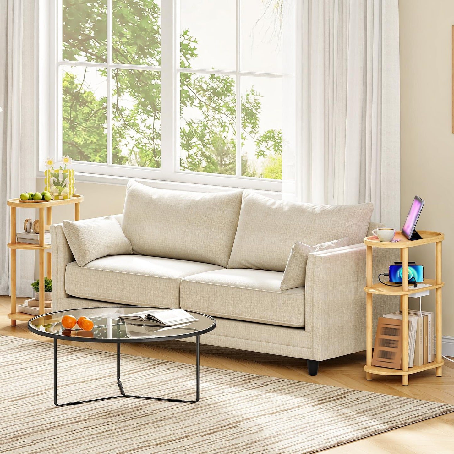 HOOBRO Narrow Side Table with Charging Station, 3 Tier Bamboo Slim End Table, 40 x 20 x 66 cm Narrow Bedside Table, Sofa Side Table, for Living Room