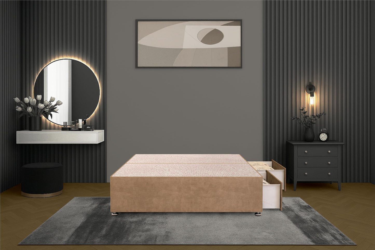 Bed Centre Flexby Divan Bed Base Only with 2 Drawers (Same Side), No Headboard - Available in 3FT, 4FT, 5FT & 6FT (3FT Single, Plush Beige Fabric)