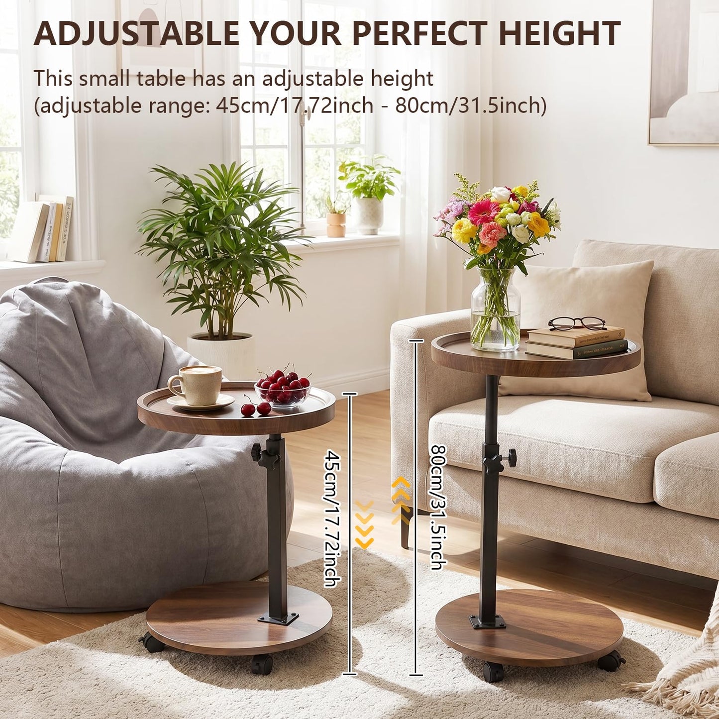 OUAYEMEL Side Table Adjustable Height, 360°Swivel End/Bedside Tables with Wheels for Sofa Bedroom Office Living Room, Coffee Tables for Small Spaces
