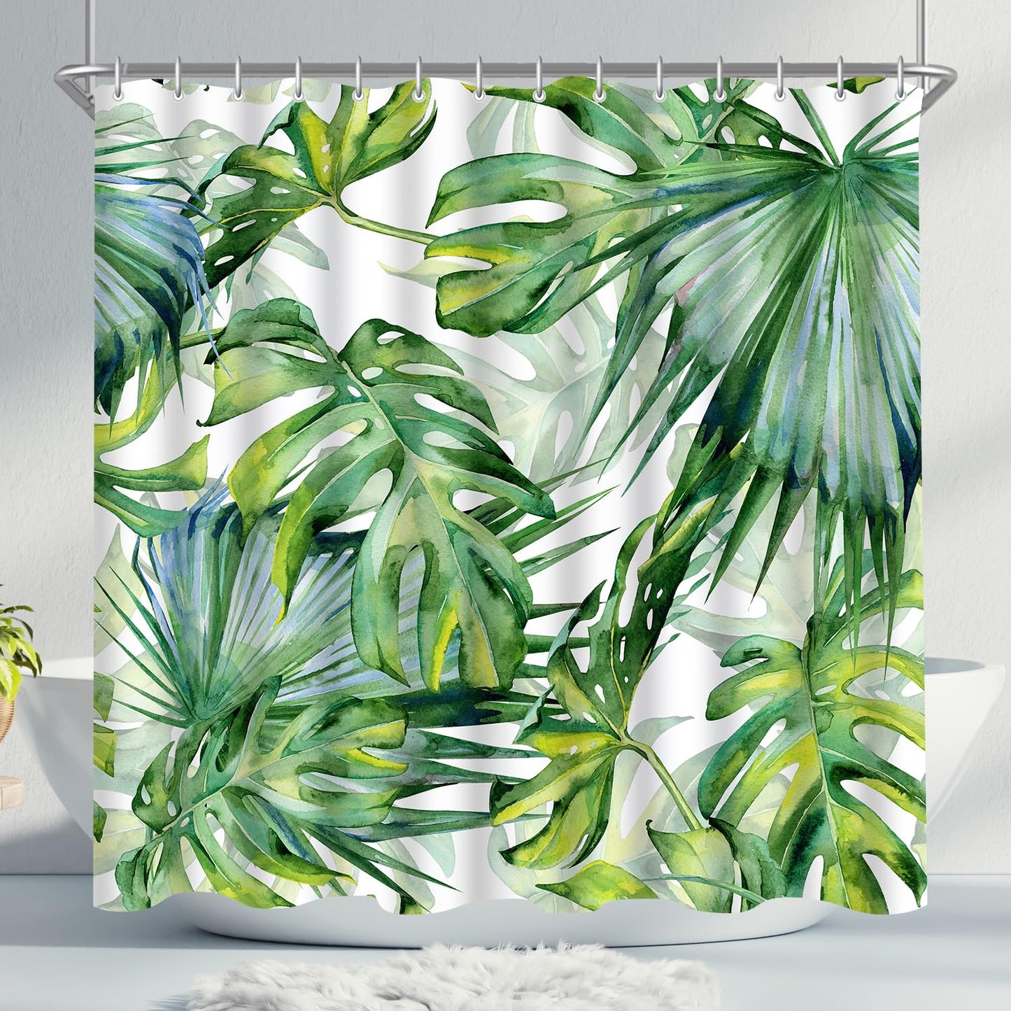 Lerores Shower Curtain, 200 x 200 cm, Green Leaves, Weighted Hem, Anti-Mould Textile, Waterproof