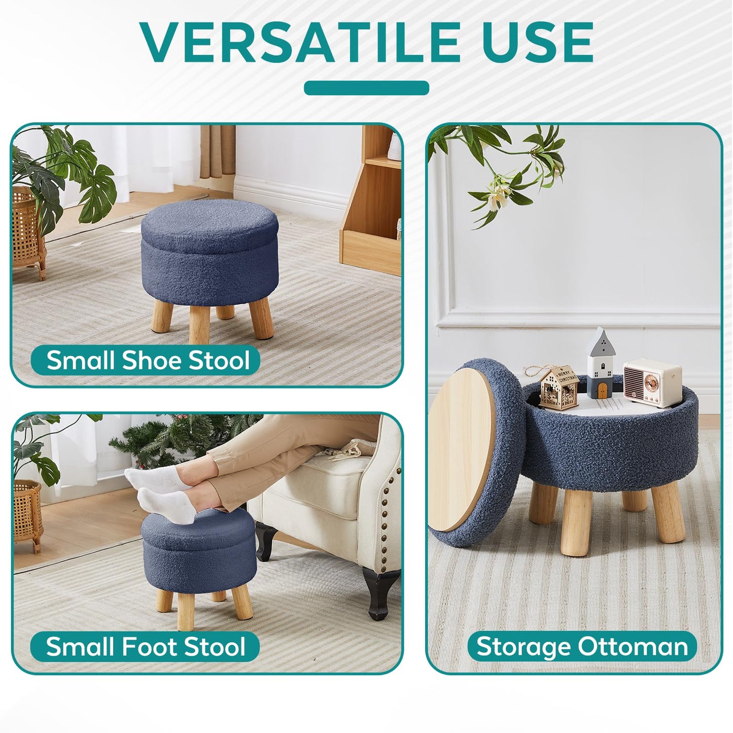 BRIAN & DANY Footstool with Storage, Small Storage Ottoman, Teddy Fleece Round Stool with Lid, Sherpa Foot Stool with Legs for Living Room Entryway