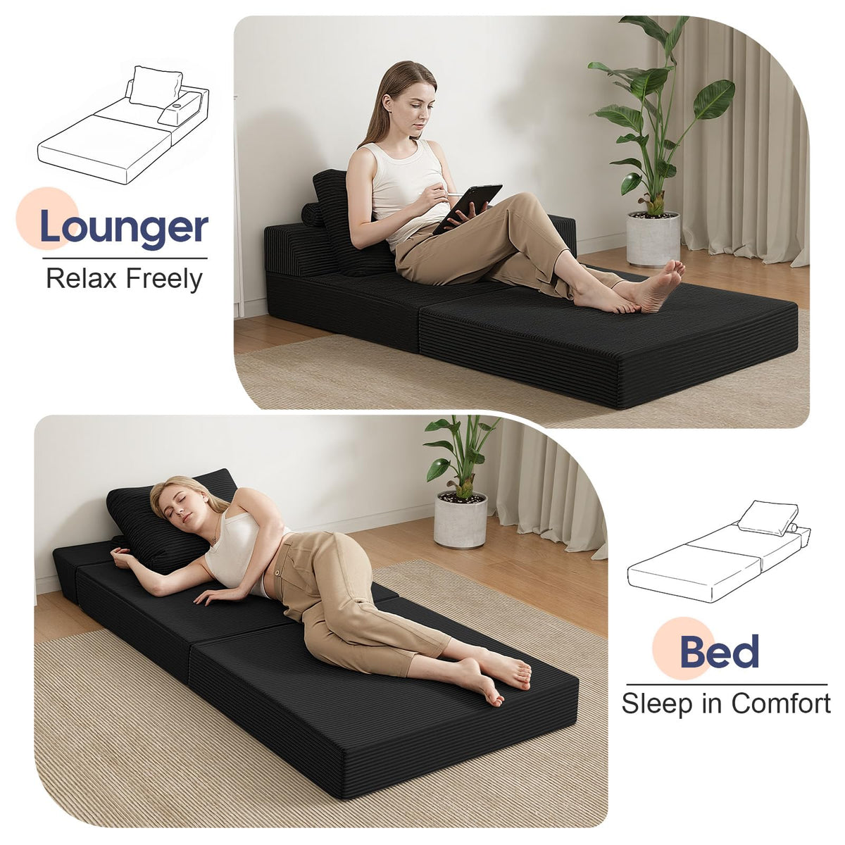 MeMoreCool Folding Sofa Bed Single, Convertible Boneless Couch with Pillow