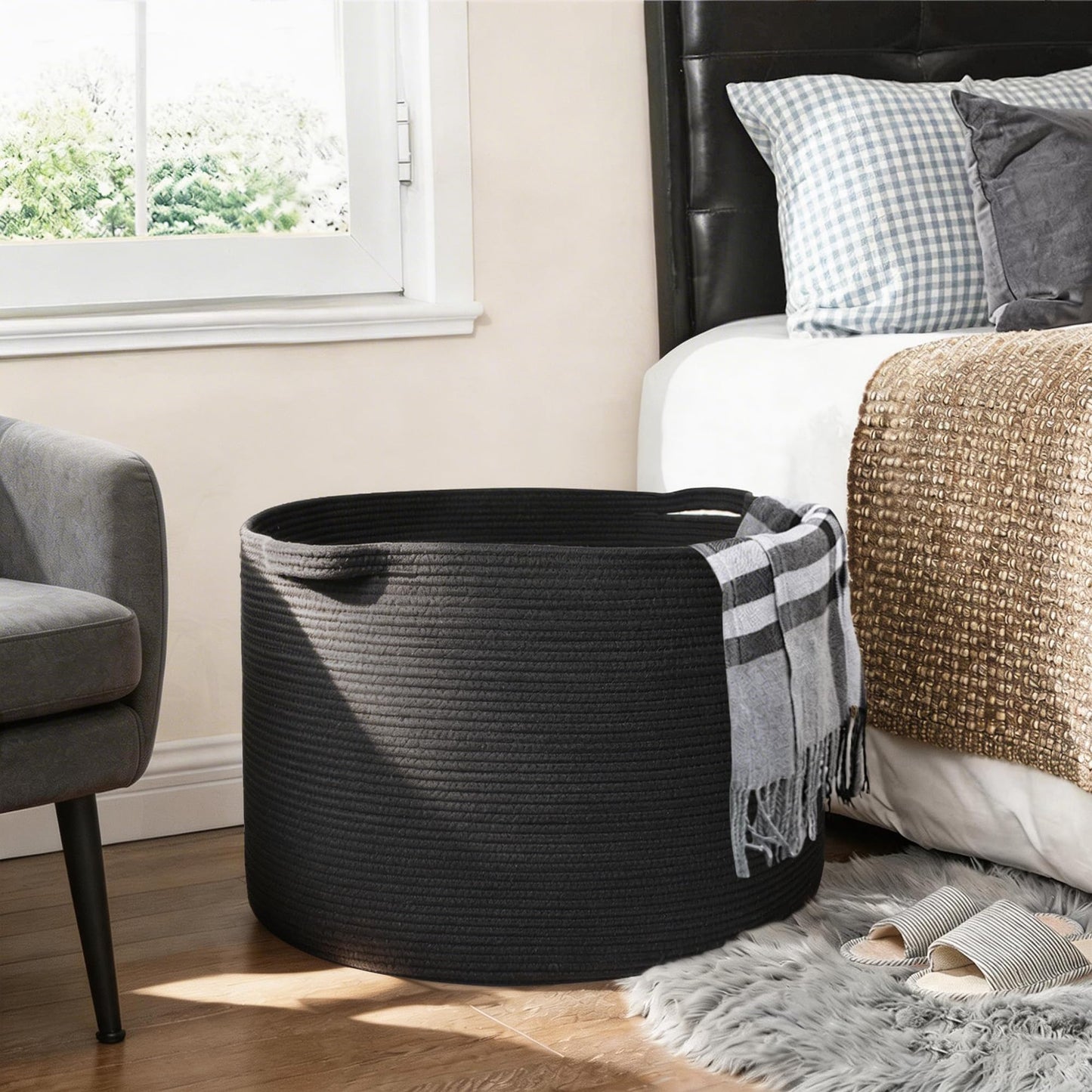 MEGASKET Large Black Blanket Basket, 22" X 22" X 14" Woven Rope Bin for Storage, Kids Dog Toy Storage Box Organizer Bins