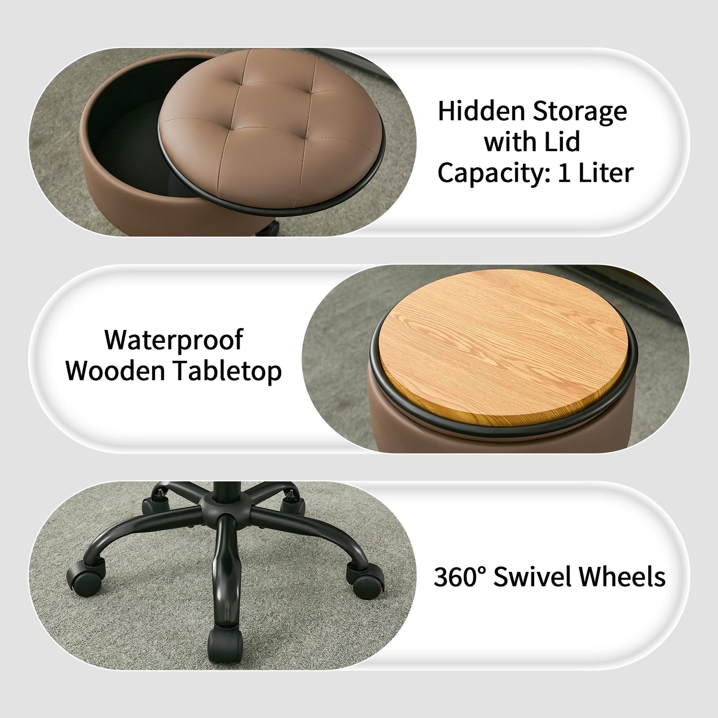 FIRAVOE Drafting Chair with Storage, Adjustable Desk Stool with Wheels 52.5–62.5 cm, Coffee Brown Ergonomic Office Stool
