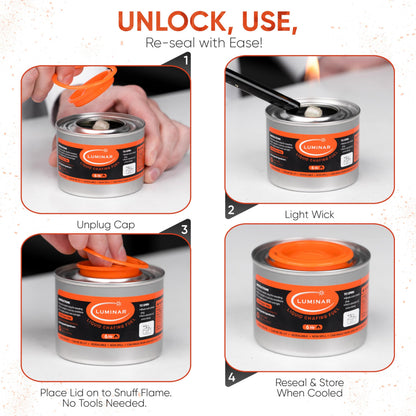 Luminar Resealable-Wick Chafing Fuel Cans, 24 Pack, 6 Hour - Premium Quality Burners for Food Warmers - No More Spills, Waste, or Hassle - Perfect for