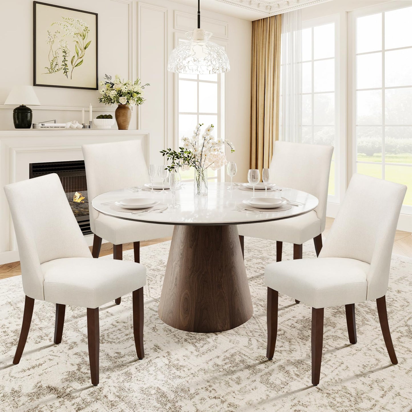 COLAMY Upholstered Dining Chairs Set of 4, Linen Fabric Parsons Dining Room Chairs with Curved Backrest, Solid Rubber Wood Legs