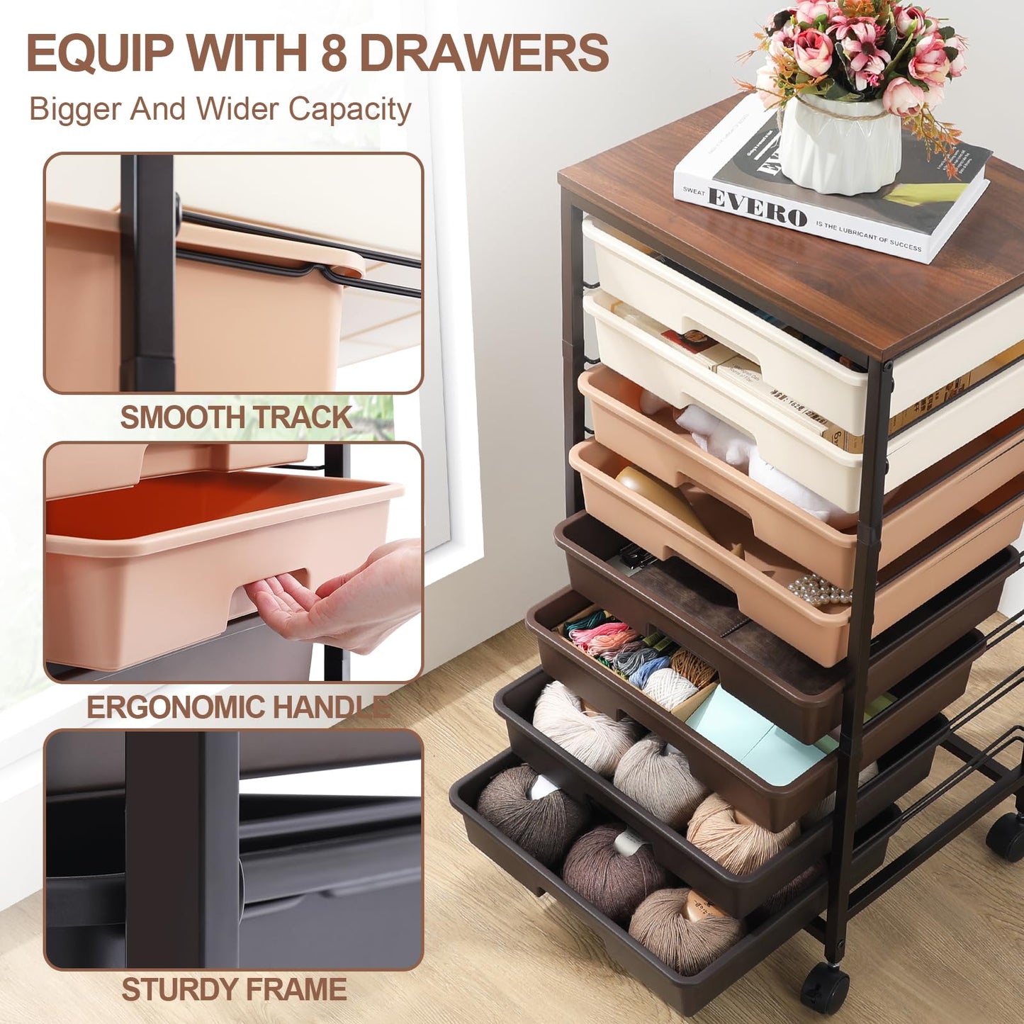 SYKIARIOL 8-Drawer Storage Trolley Rolling Cart with Lockable Wheels, Brown